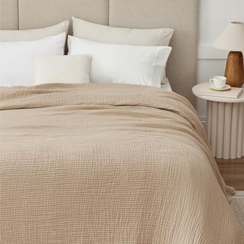 100% Cotton Muslin Blanket for Adults, 6-Layer, King, 108 x 90, Beige Linen