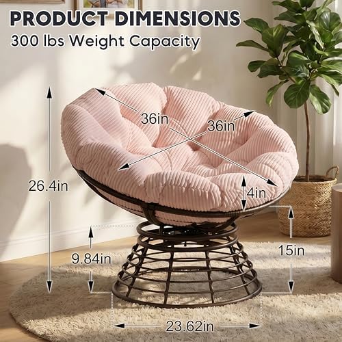 Comfortable 36" Ergonomic Wicker Papasan Chair, 360° Swivel Wicker Accen...