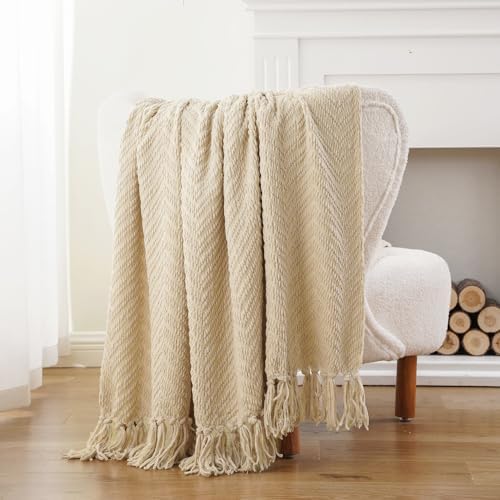 BATTILO HOME Beige Throw Blanket for Couch, Knitted Beige Throw for Bed, Neut...