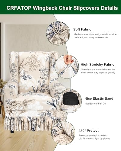 CRFATOP 2 Piece Stretch Wingback Chair Cover with Skirt for Living Room,02