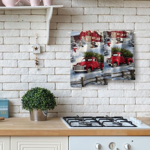 Giwawa Red Truck Hand Towels Winter Xmas Tree Bath Fingertip Towel Set of 2 Soft Absorbent Holiday Kitchen Dish Wash Cloth for Bathroom Hotel Gym
