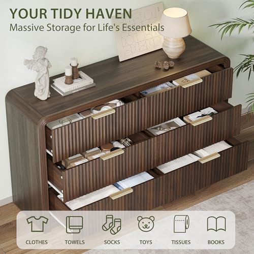 Decofy 55" W Fluted 6-Drawer Dresser for Bedroom, Walnut