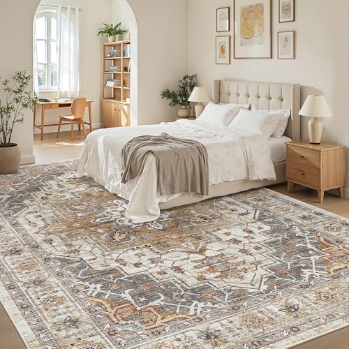 Madane 8x10 Area Rugs for Living Room, Non-Slip Washable Rug, Turmeric/Grey