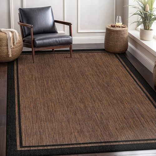 CAMILSON Indoor Outdoor Rug, 8x10 Bordered Nut Brown Black Modern Area Rugs f...