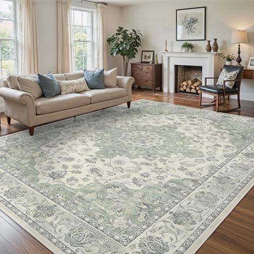 8x10 Non-Slip Washable Livingroom Vintage Area Rug, Sage Green