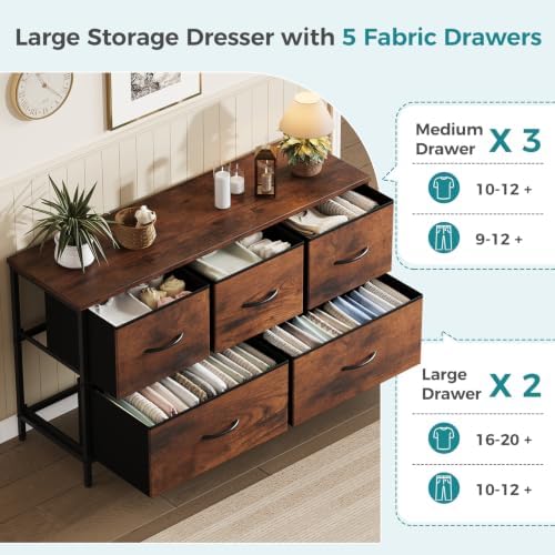 OLIXIS 5 Drawer Dresser for Bedroom, Wide Fabric Storage Tower, Brown