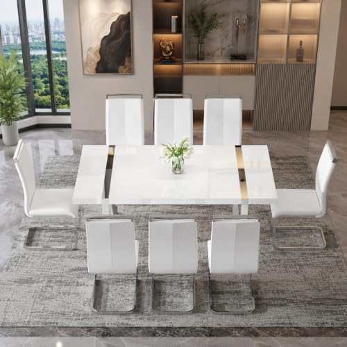 Ebullient White Dining Table Set for 8，Rectangular MDF Kitchen Table and Leat...