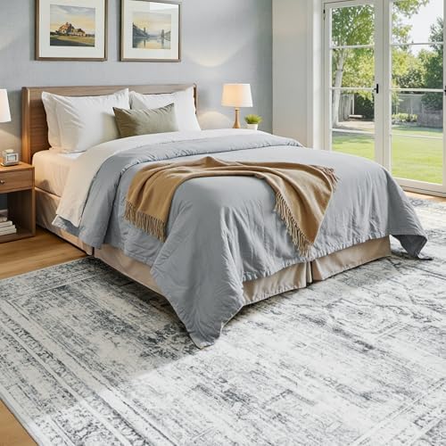 8x10 Area Rugs for Living Room, Washable Vintage Rug, Grey White