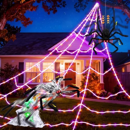 Halloween Spider Web Lights Decor+2 Animatronic 34'' Jumping Spider, ...