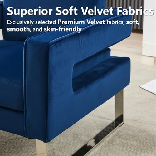 Velvet Accent Chair, Modern Armchair with Silver Base, Blue
