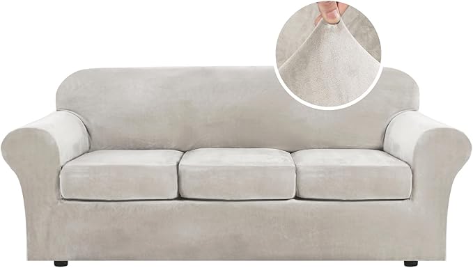 H.VERSAILTEX Modern Velvet Plush 4 Piece High Stretch Sofa Slipcover Sofa Cover by HVERSAILTEX