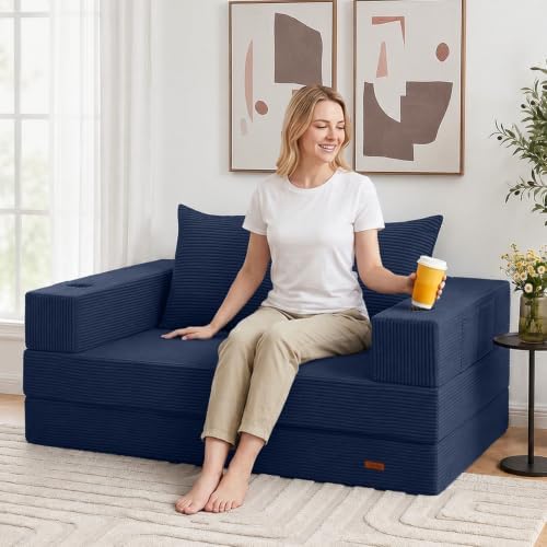 COMAX Boneless Futon Sofa Bed, 59" Small Low-Profile Floor Couch, Navy