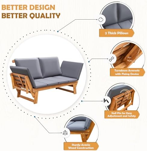 Greesum Patio Convertible Couch Sofa Bed with Adjustable Armrest, Acacia Wood...