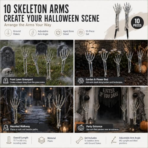 Halloween Skeleton Arms and Hands, 10-Piece Outdoor Yard Decorations Set