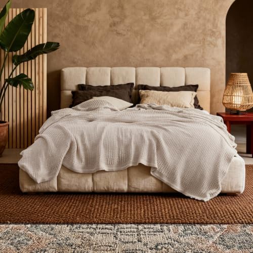 Bedsure 100% Cotton Blanket, Waffle Weave, Queen Size, Beige, 90"x90"