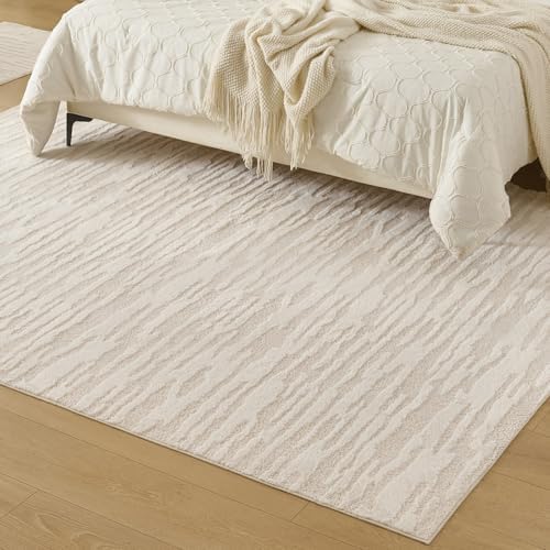 Textured High-Low Striped Area Rug Neutrel, Washable Cozy 6*8 feet