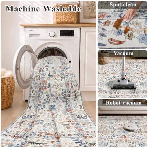 Vintage 8x8 Square Area Rug: Washable Boho Rug Soft Low-Pile Carpet Beige