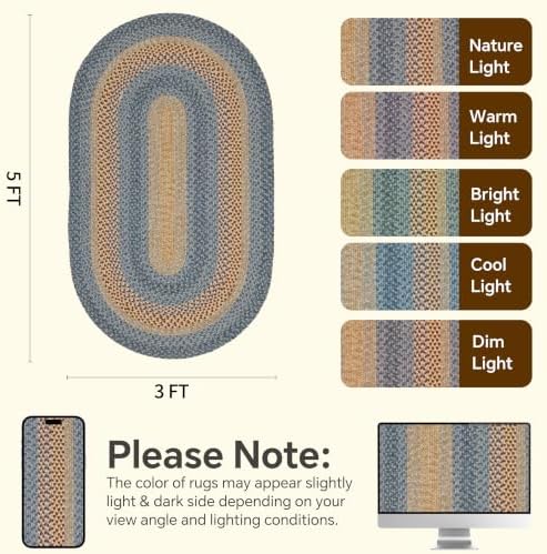 RCTJHOME 3x5 Oval Braided Area Rug Natural Rust Blue Farmhouse Kitchen Mat