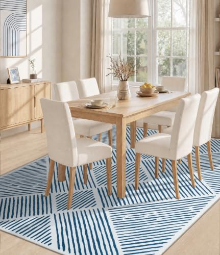 YIHOUSE 8‘x10' Washable Blue and White Rug, Modern Area Rug for Living Room