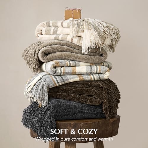 EverGrace Plaid Chenille Knit Throw Blanket, 50"x60", Grey & Beige