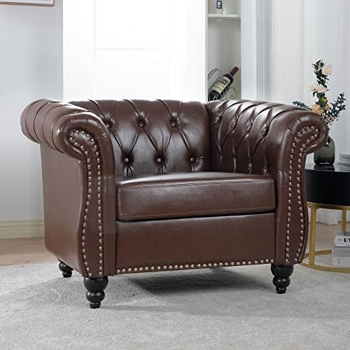 LEVNARY Leather Chesterfield Chair, Mid-Century Modern Single Sofa Chair, Tuf...