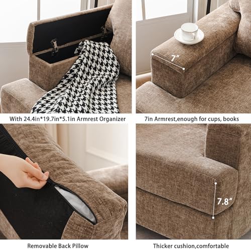 Rexulqo Oversized Accent Chair with Armrest Organizer,Chenille,Brown