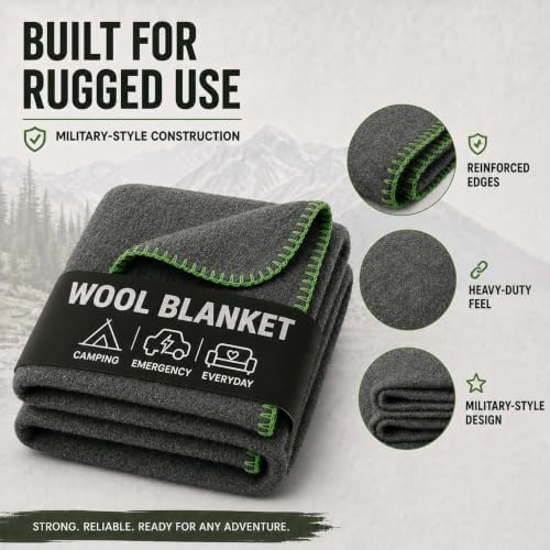 JMR Wool Camping Blanket, Fire Retardant Military Throw, Grey (62x84)