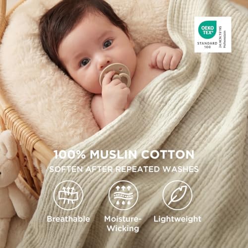Bedsure 100% Cotton Muslin Blanket Queen Size for Bed, 4-Layer, Linen Beige