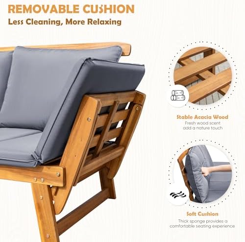 Greesum Patio Convertible Couch Sofa Bed with Adjustable Armrest, Acacia Wood...
