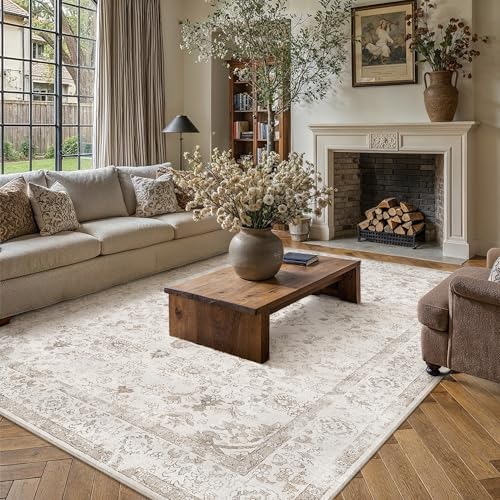 PureCozy 8x10 Washable Neutral Area Rug Living Room Beige Vintage Carpet