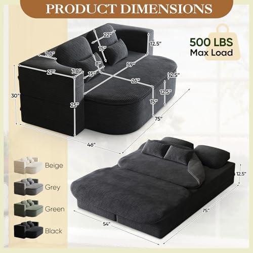 Antetek Convertible Sleeper Sofa, Modern Folding Futon Corduroy Floor Foam Co...