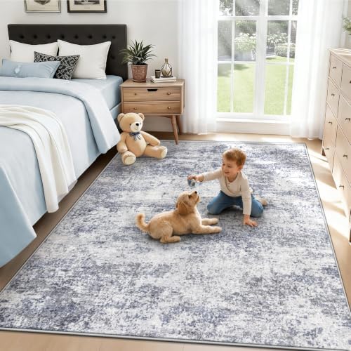 6x9 Area Rugs for Living Room: Washable Abstract Rug Blue Grey
