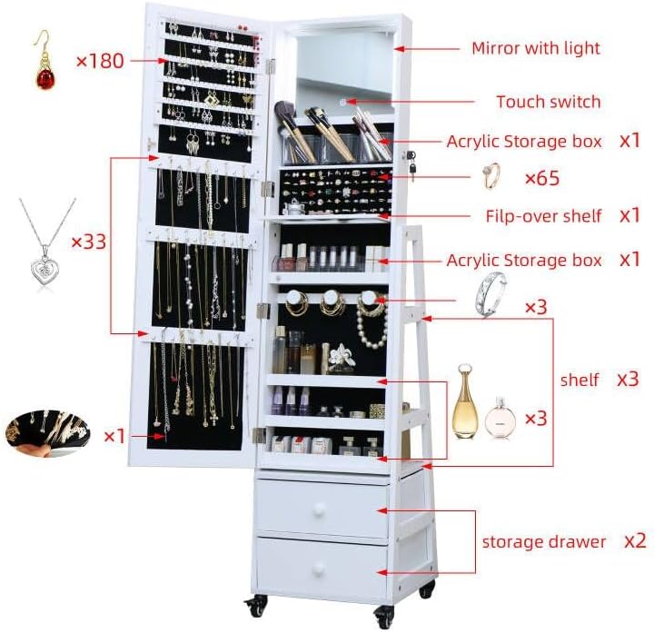 Jewelry Cabinet Standing Mirror with Drawers Jewelry Armoire Organizer | Full...