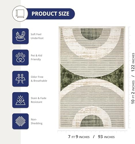 Abani Mid-Century Green Arch Washable Area Rug – 8' x 10' – Modern Ge...