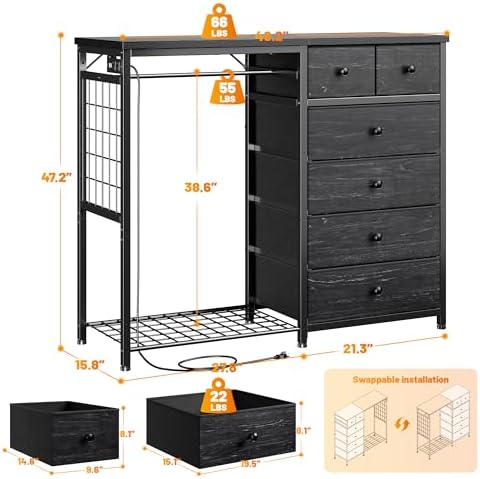 EnHomee 49.2" W Dresser with Hanging Rack & 6 Drawers, Grid Panel &a...