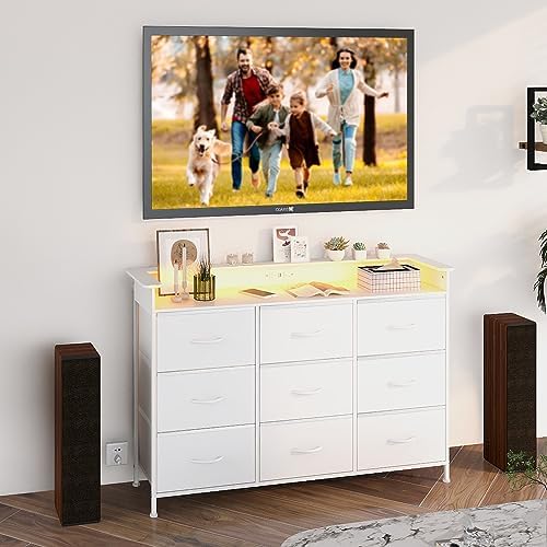EXOTICA White Dresser with LED Light for Bedroom 9 Drawer Dressers with Charg...