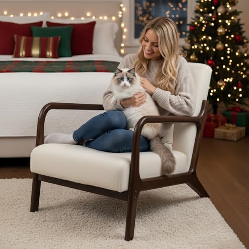 Modern Accent Chair, Cotton Linen Fabric Upholstered Lounge Armchair with Sol...