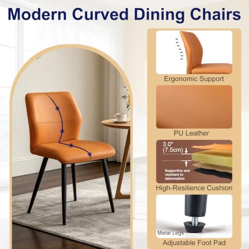 Leather Dining Chairs Set of 2, Orange Accent Chair Black Legs