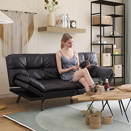 Opoiar Futon Sofa Bed Couch with Frame and Mattress,Black Faxu Memory Foam Le...