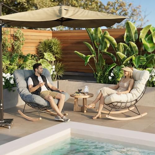 FLEXISPOT Outdoor Papasan Rocking Chair with Thick Cushion,Beige