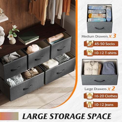 WLIVE Wide Dresser for Bedroom, 5 Drawer Chest of Drawers, Dark Grey