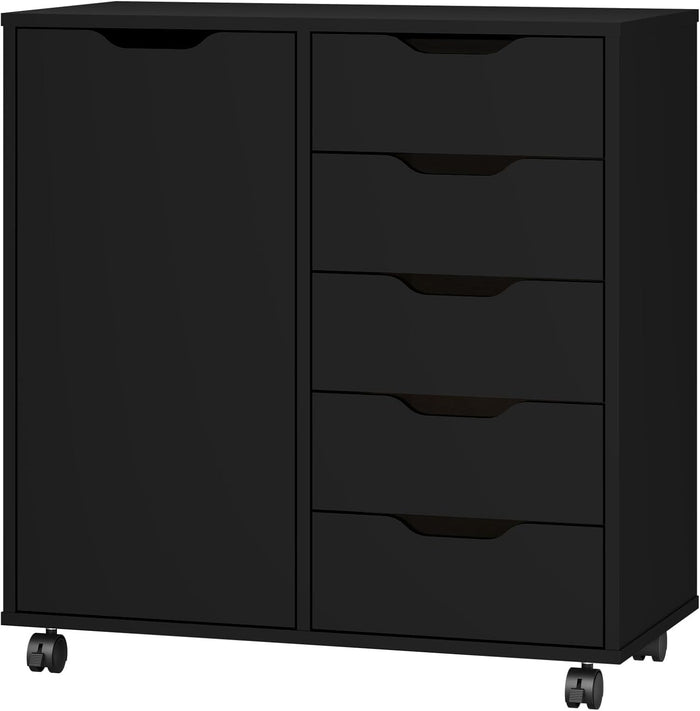 Panana 5-Drawer Chest with 1 Door, Wooden Chest of Drawers Storage Dresser Cabinet with Wheels, Office Organization and Storage, Bedroom Furniture (Black-S)