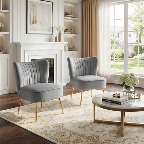 DUOMAY Modern Accent Chair Set of 2 Velvet Slipper Chair with Gold Legs Wingb...