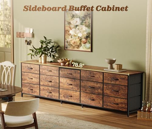 Huuger 78.7 inch Long Dresser for Bedroom, 15 Drawer Fabric Dresser for Close...