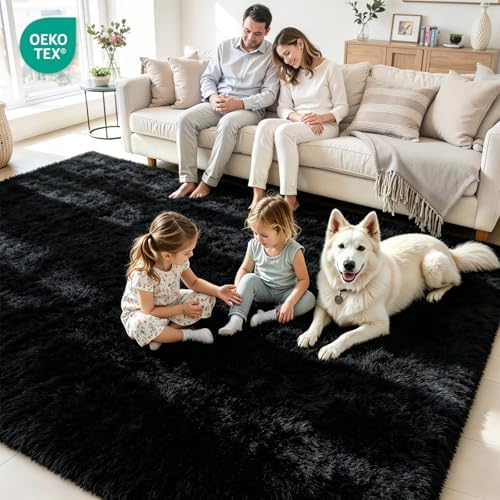 8x10 Fluffy Area Rug for Living Room: Soft Non-Slip Black Bedroom Carpet