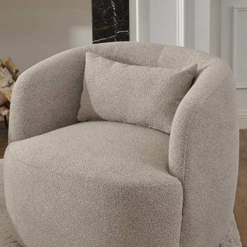 KINWELL 34" W Boucle Swivel Barrel Chairs with Pillow Set of 2, Taupe