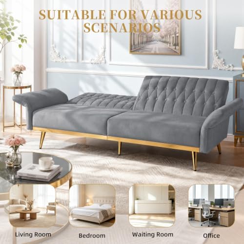 70” Velvet Futon Sofa Bed w/Adjustable Armrests, Grey