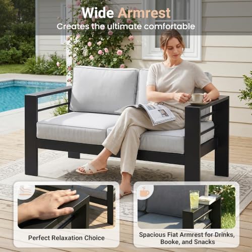Aluminum Outdoor Patio Chairs, Patio Sofa with 10" Back Cushion, Light Grey