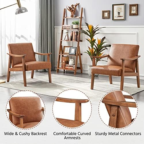 Yaheetech Accent Chairs, Mid-Century Faux Leather Armchairs, Light Brown