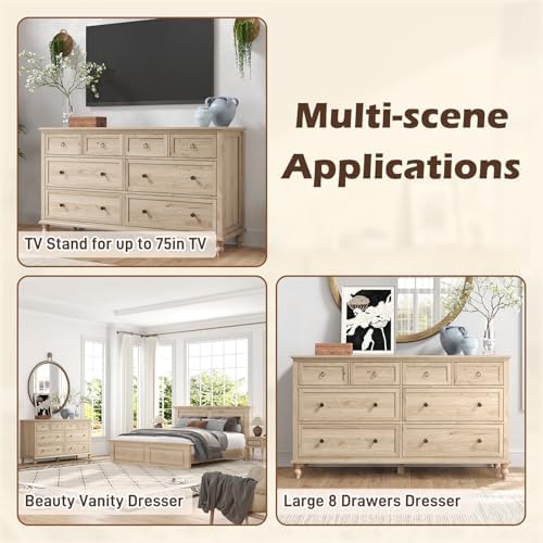 chartustriable 65inch Large Long Drawer Dresser w/Deep Drawers,Rustic Wood 8 ...